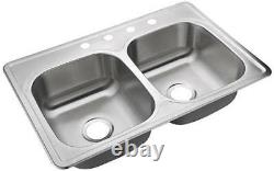 Double Bowl Kitchen Sink 4 Hole Heavy Duty Satin 33 Stainless Steel Top Mount