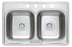 Double Bowl Kitchen Sink 4 Hole Heavy Duty Satin 33 Stainless Steel Top Mount