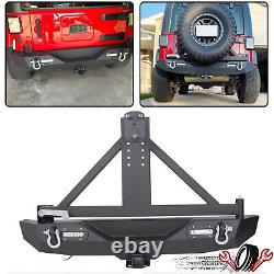 For 07-18 Jeep Wrangler JK Textured Black Rear Bumper with Tire Carrier+LED Lights